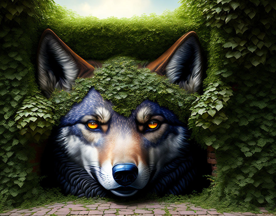 Digital artwork of wolf's face hidden in leafy hedges on garden pathway