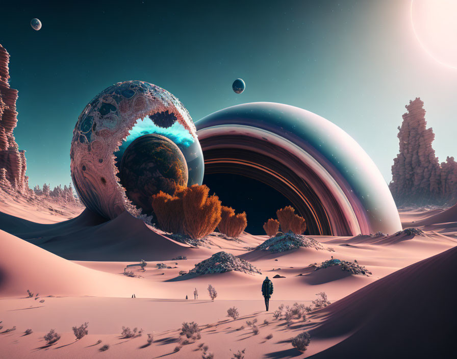 Person walking towards large alien planets in surreal desert landscape