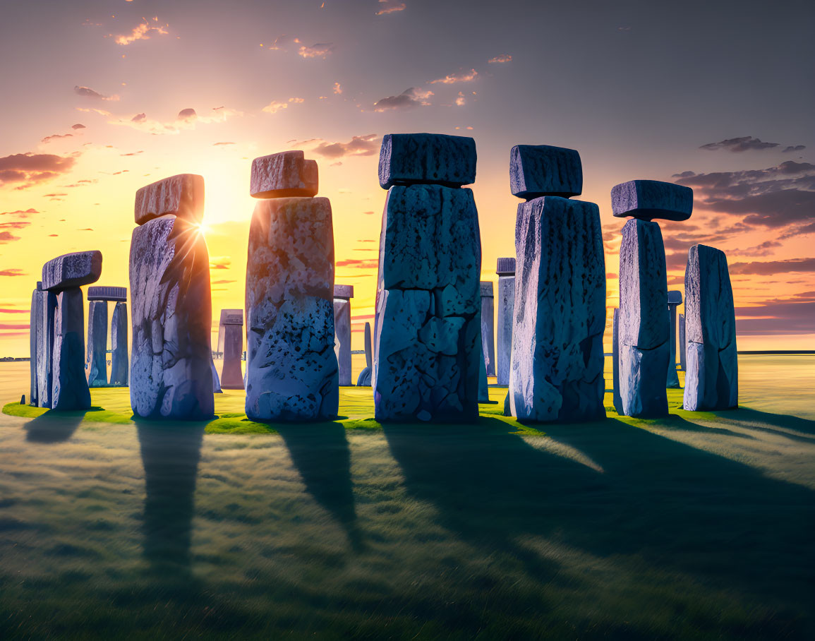 Ancient Stonehenge sunrise with long shadows and dramatic sky