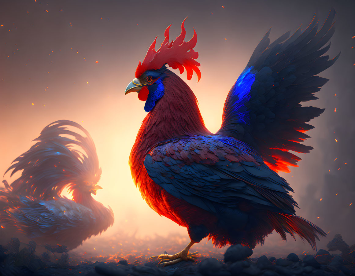 Colorful digital artwork: Fiery red and blue rooster with imposing stance and blurred background rooster