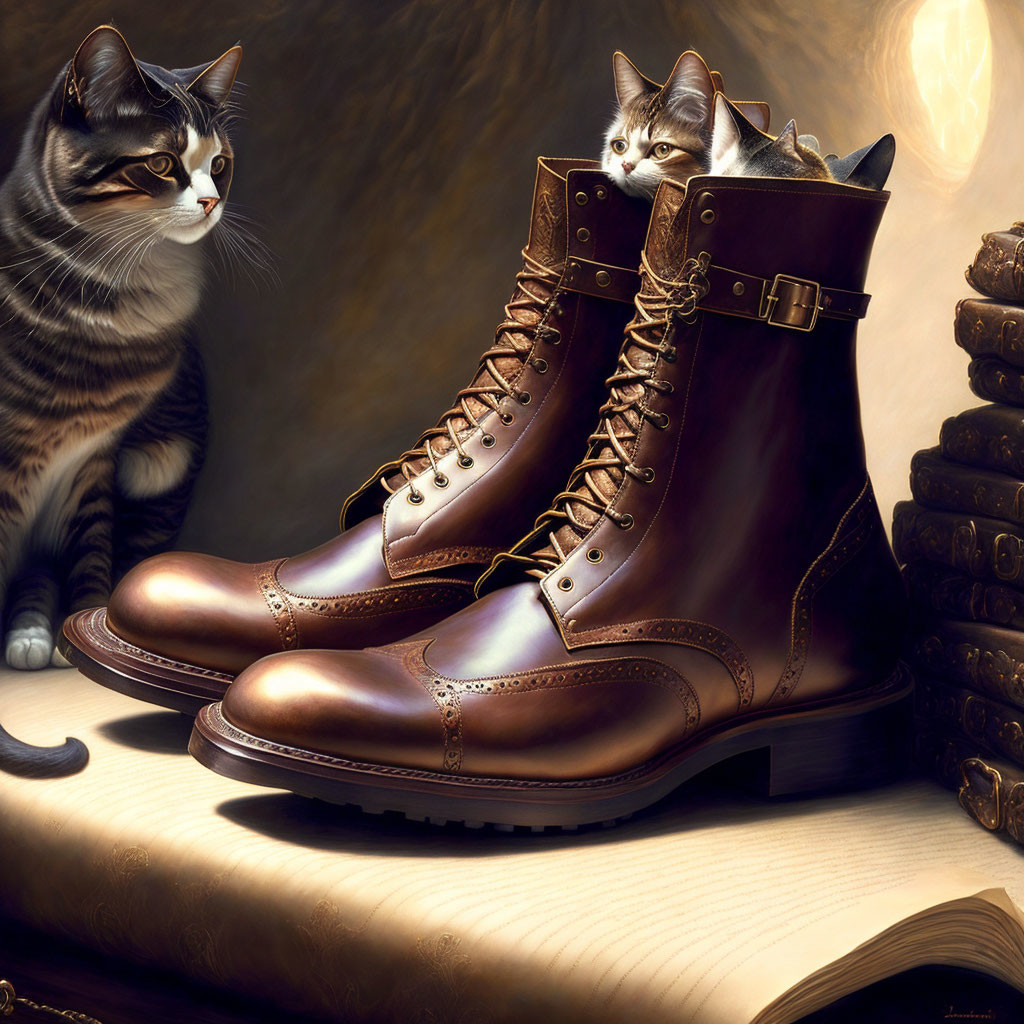 Two Cats Beside Brown Leather Boots with Kitten Inside, Open Book with Golden Light