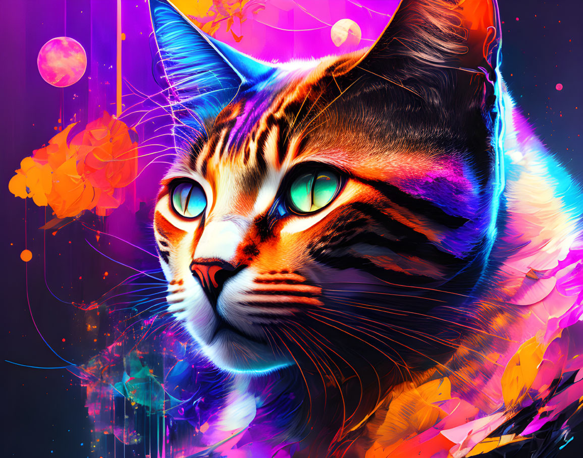 Multicolored cat with green eyes in cosmic digital art