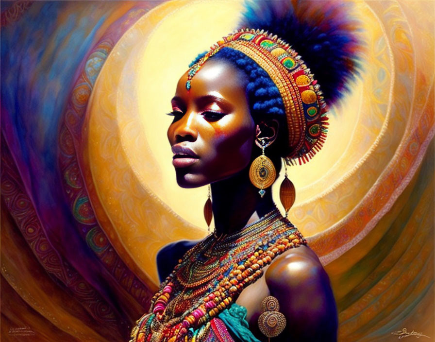 Digital artwork: Woman with African adornments on golden and blue backdrop