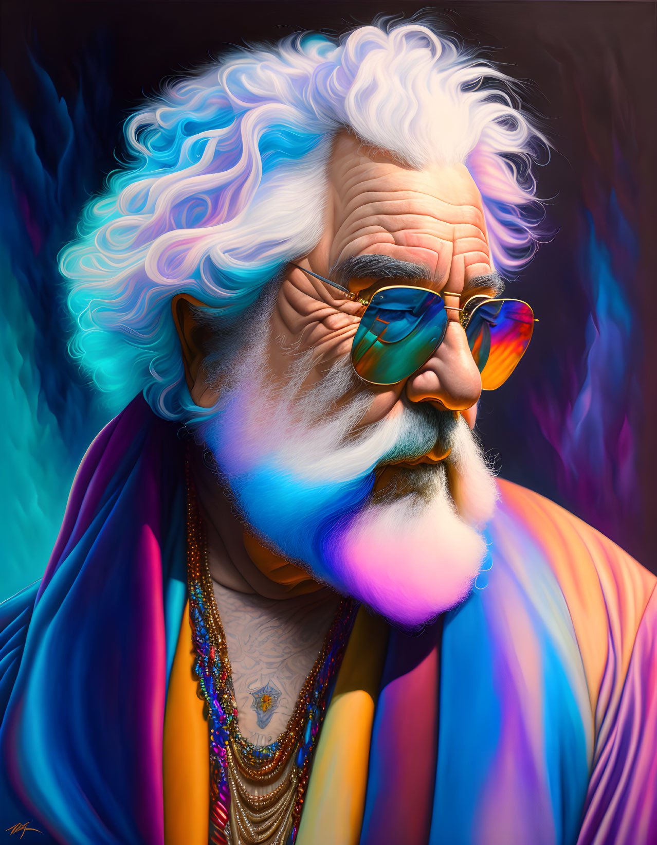 Vibrant portrait of older man in sunglasses with white beard