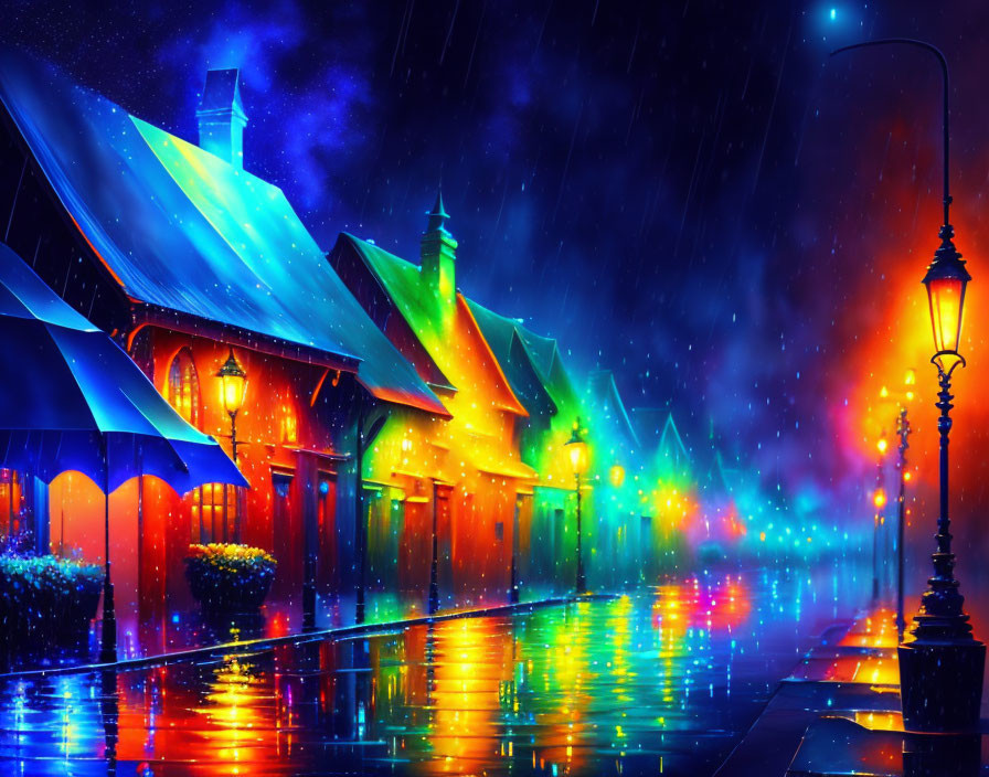 Colorful Night Street Scene with Rain Reflections