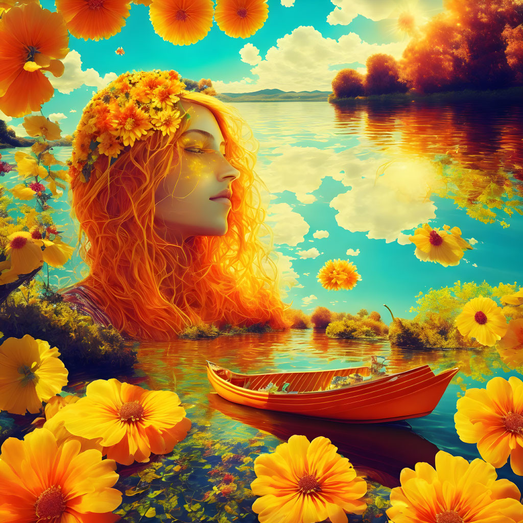 Colorful profile of woman with orange hair in surreal landscape