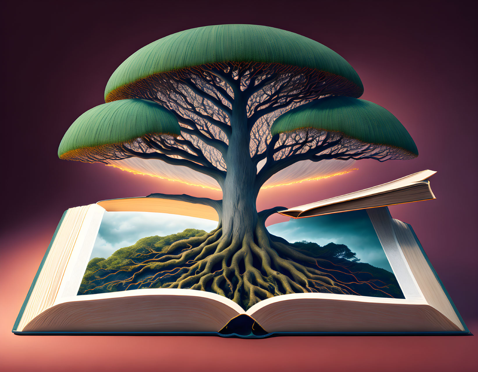 Surreal illustration of a tree growing from open book