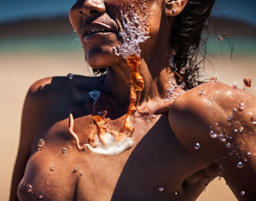 Person with Water Droplets on Skin, Dynamic Water Movement on Beach Background