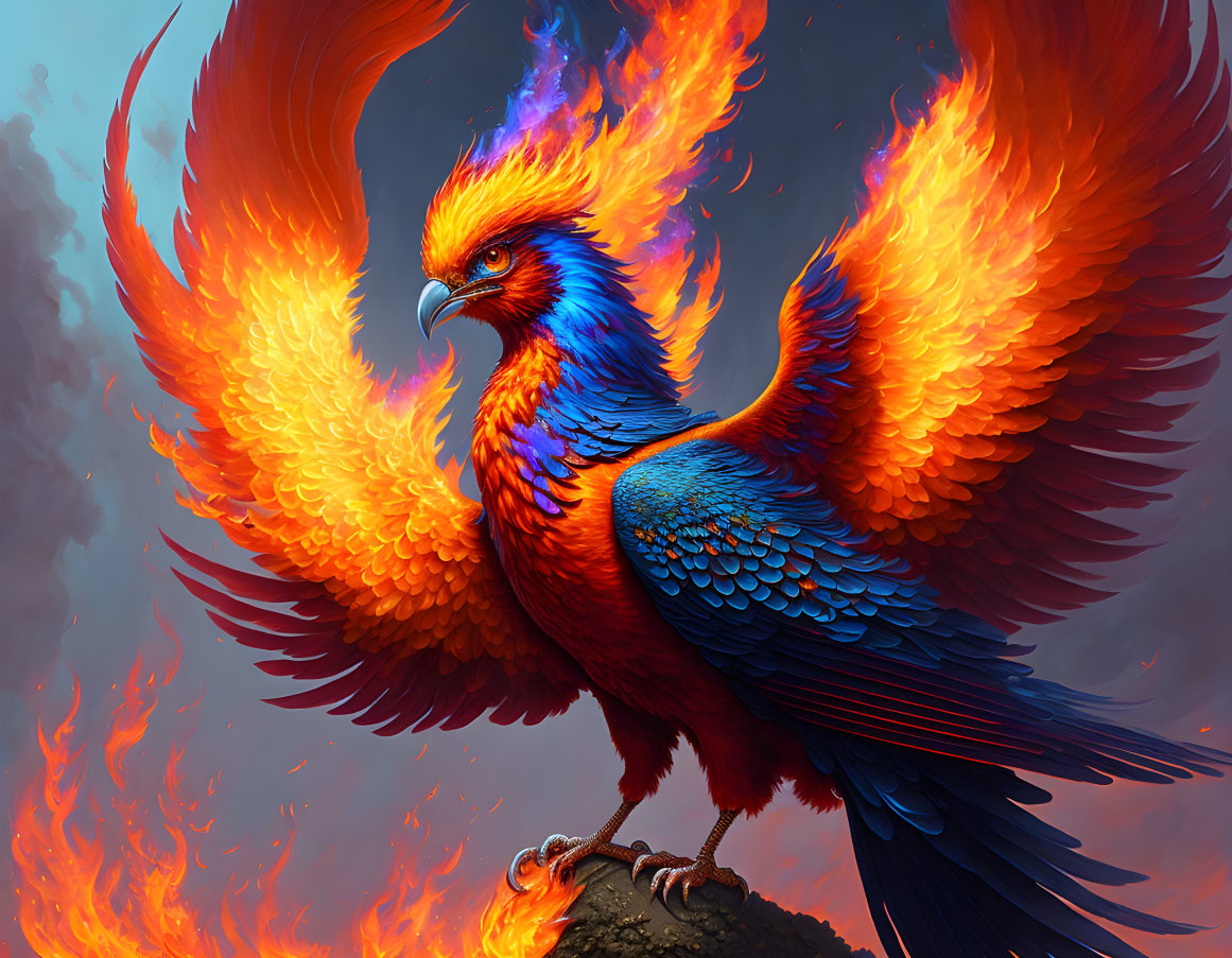 Colorful Phoenix Illustration with Fiery Wings on Rock Amid Flames