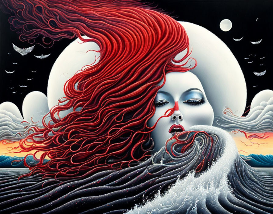 Surreal portrait of woman with flowing red hair in moonlit seascape