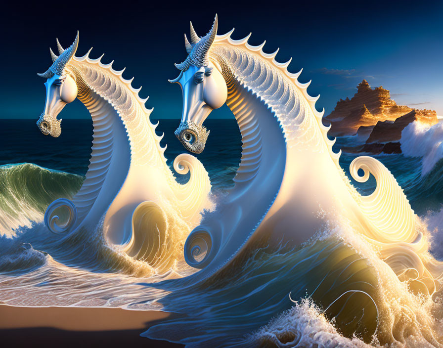 Digital Art: Silver Seahorse Creatures in Ocean Waves at Sunset