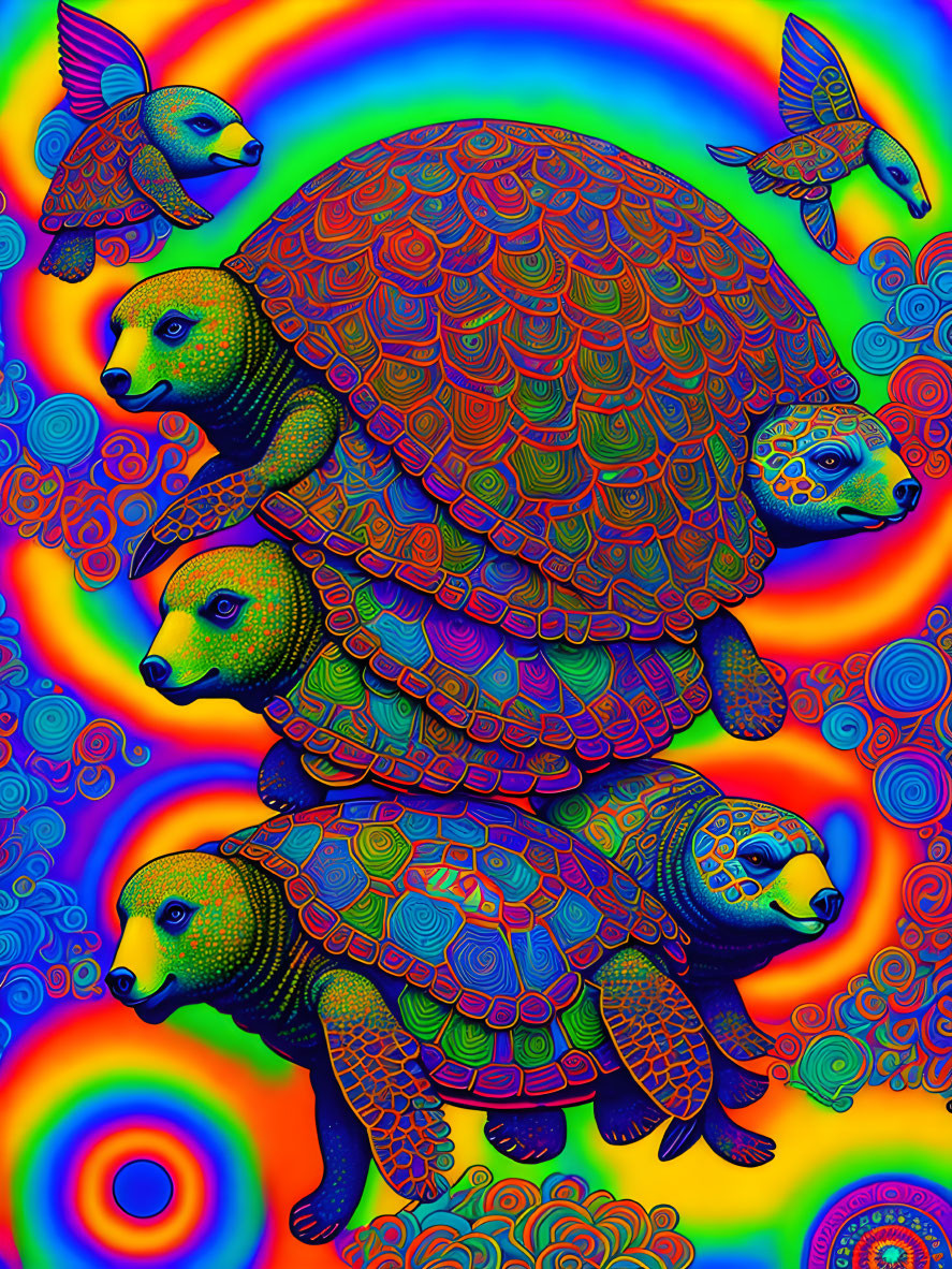 Vibrant psychedelic digital artwork of colorful stacked turtles on rainbow background