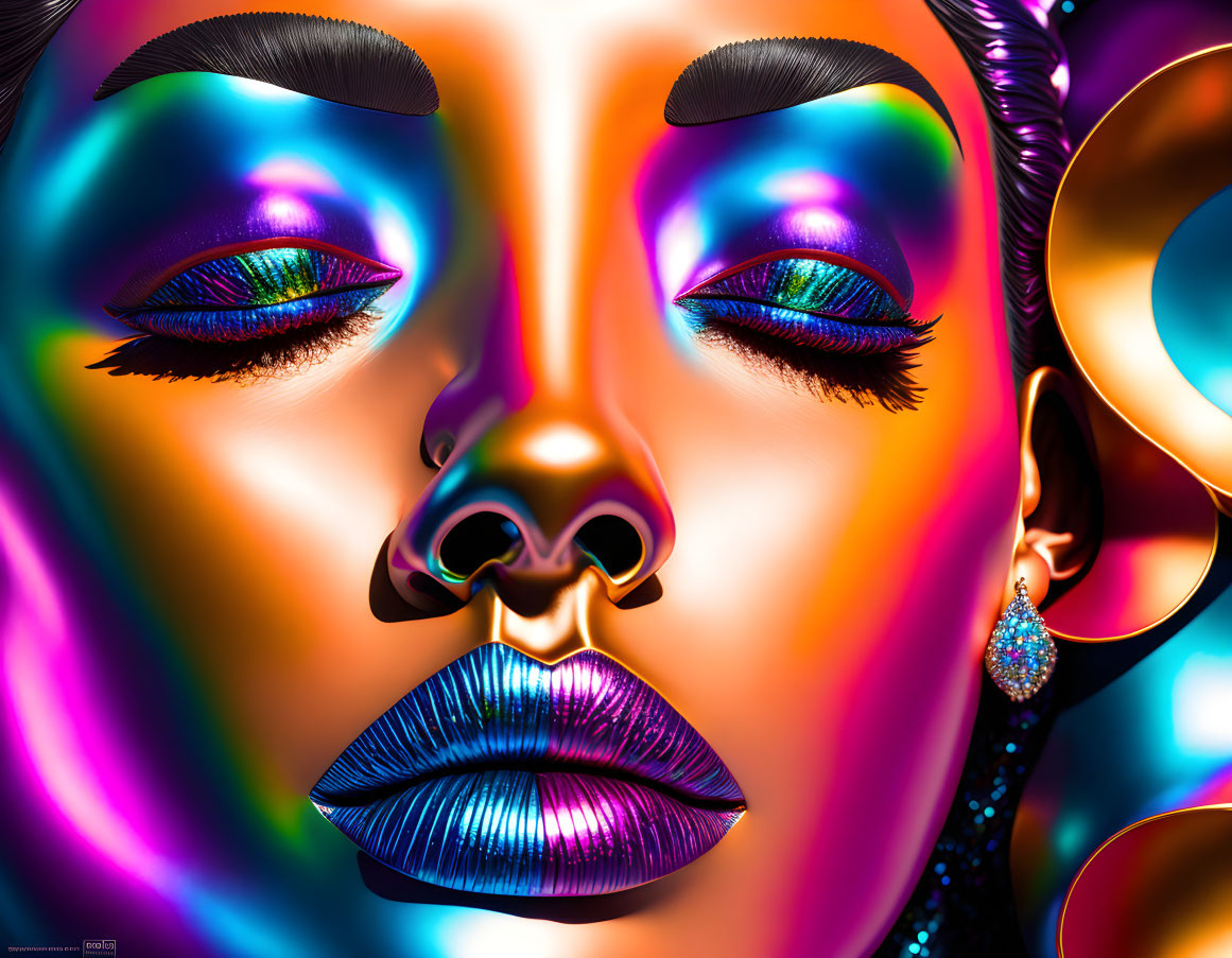 Exaggerated features digital art: vibrant woman's face, iridescent makeup, colorful background