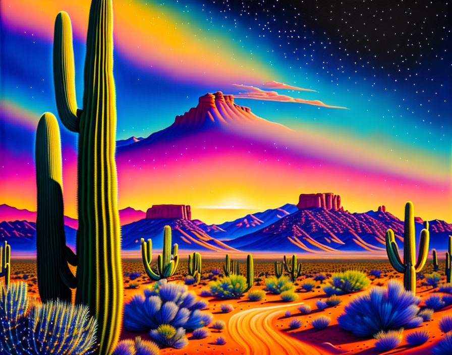 Colorful desert landscape with cacti and mesas under sunset sky.