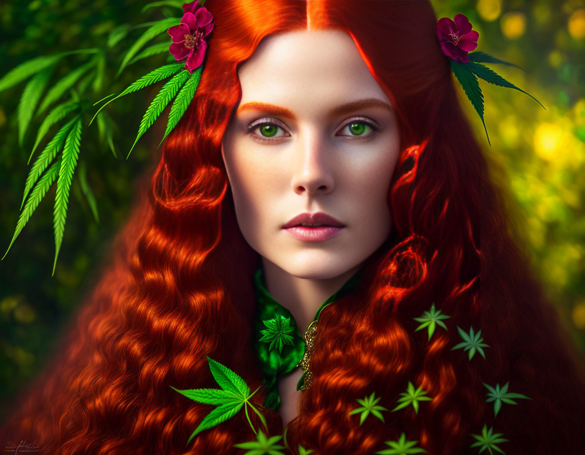 Vivid red-haired woman portrait with green eyes in lush greenery