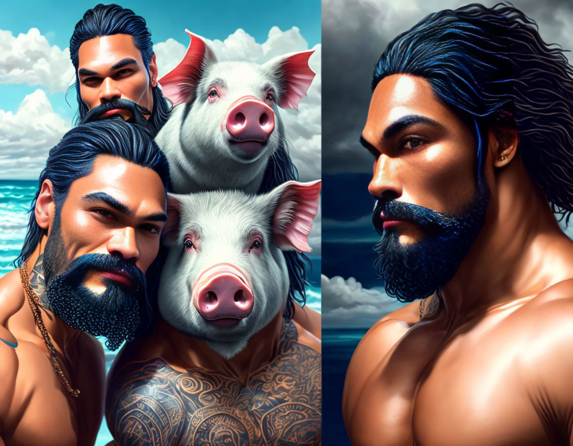 Two muscular men with beards and a pig in a blue sky setting