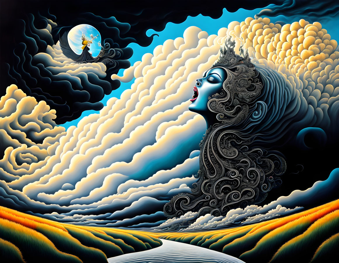 Surreal artwork of woman's profile with moon and pegasus in colorful landscape