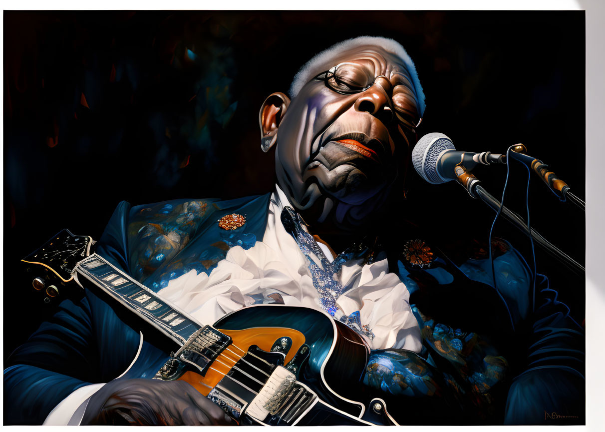 Elderly Male Musician Playing Guitar and Singing in Suit and Tie