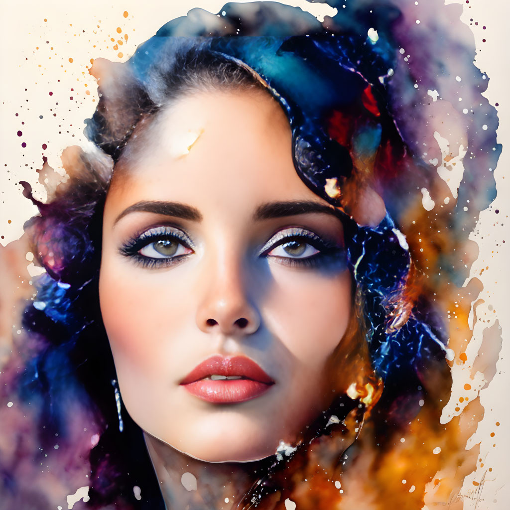 Vibrant watercolor portrait of a woman with striking features