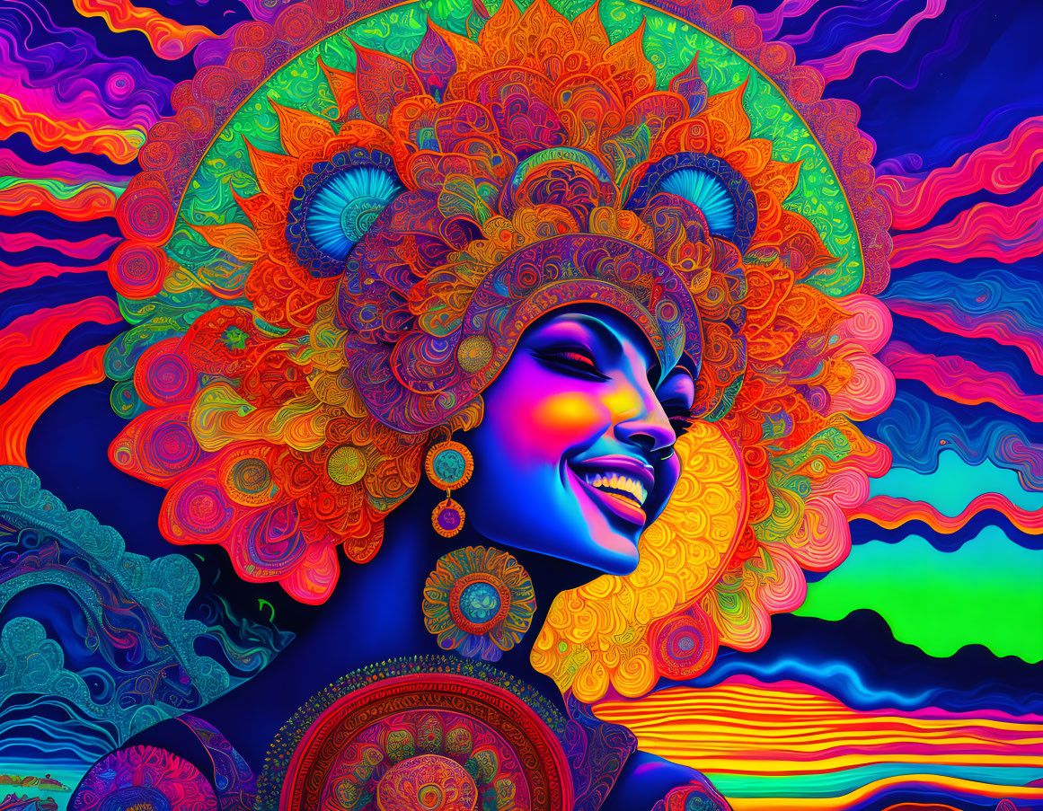 Colorful digital artwork: Woman with radiant smile and ornate headdress