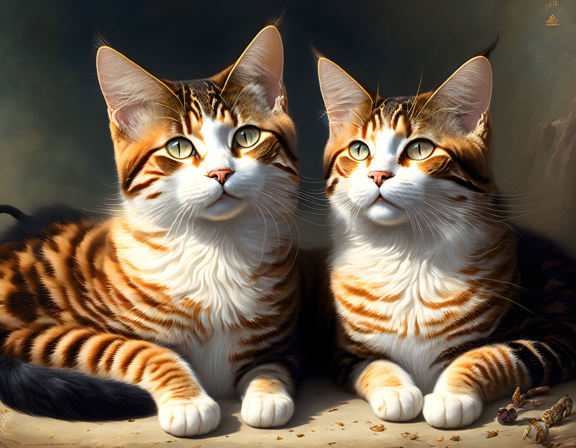 Realistic tabby cats with striking markings against dark background