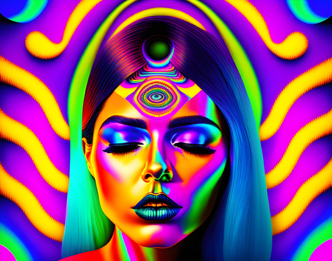 Colorful digital portrait of woman with closed eyes and third eye motif in neon pink, yellow, and