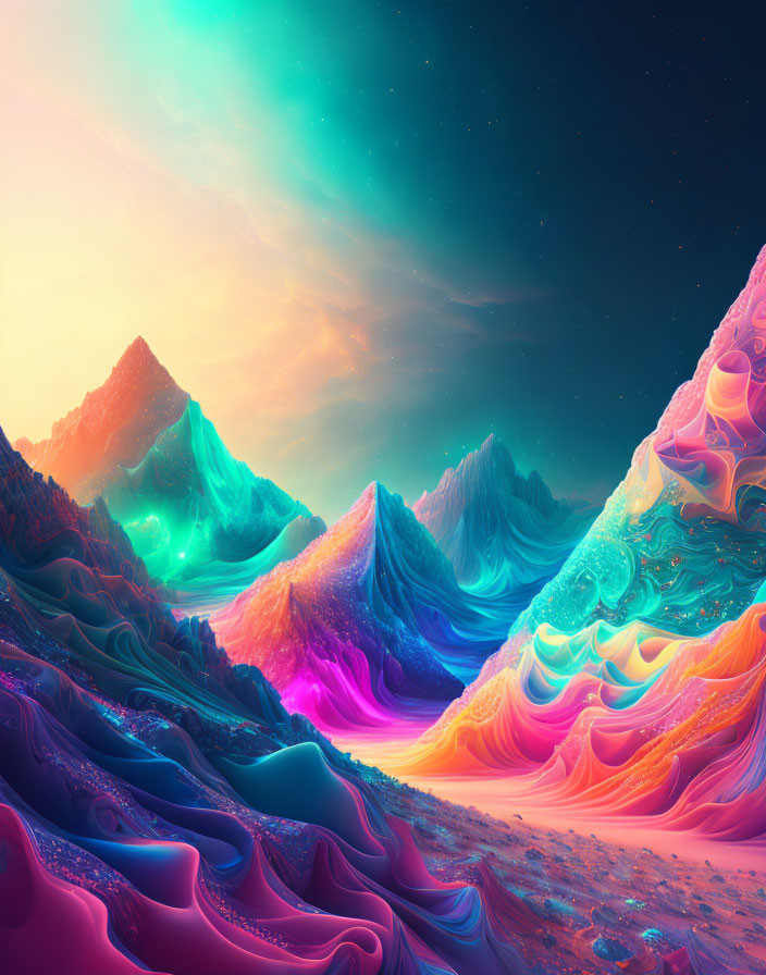 Colorful Swirling Hills in Psychedelic Landscape Under Turquoise Sky