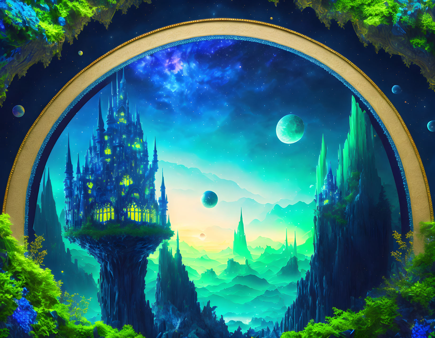 Fantasy landscape with floating islands, castles, and planets visible through arched window