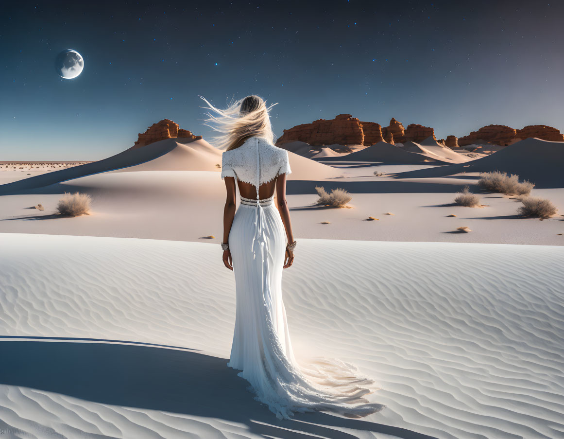 Woman in white dress on desert dune under full moon