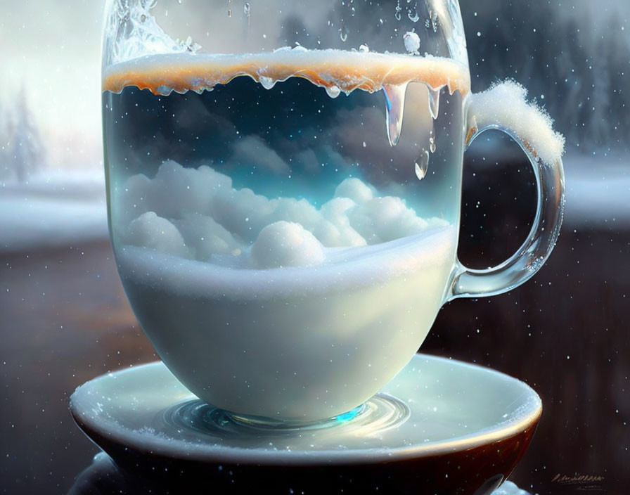 Transparent coffee cup with clouds against snowy window backdrop