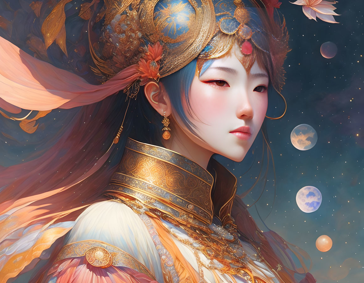 Ethereal illustration of woman in gold-trimmed costume among celestial orbs