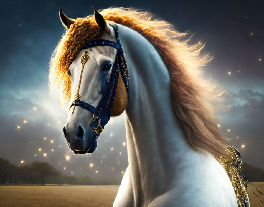 Majestic horse with curly mane in blue bridle under starlit sky