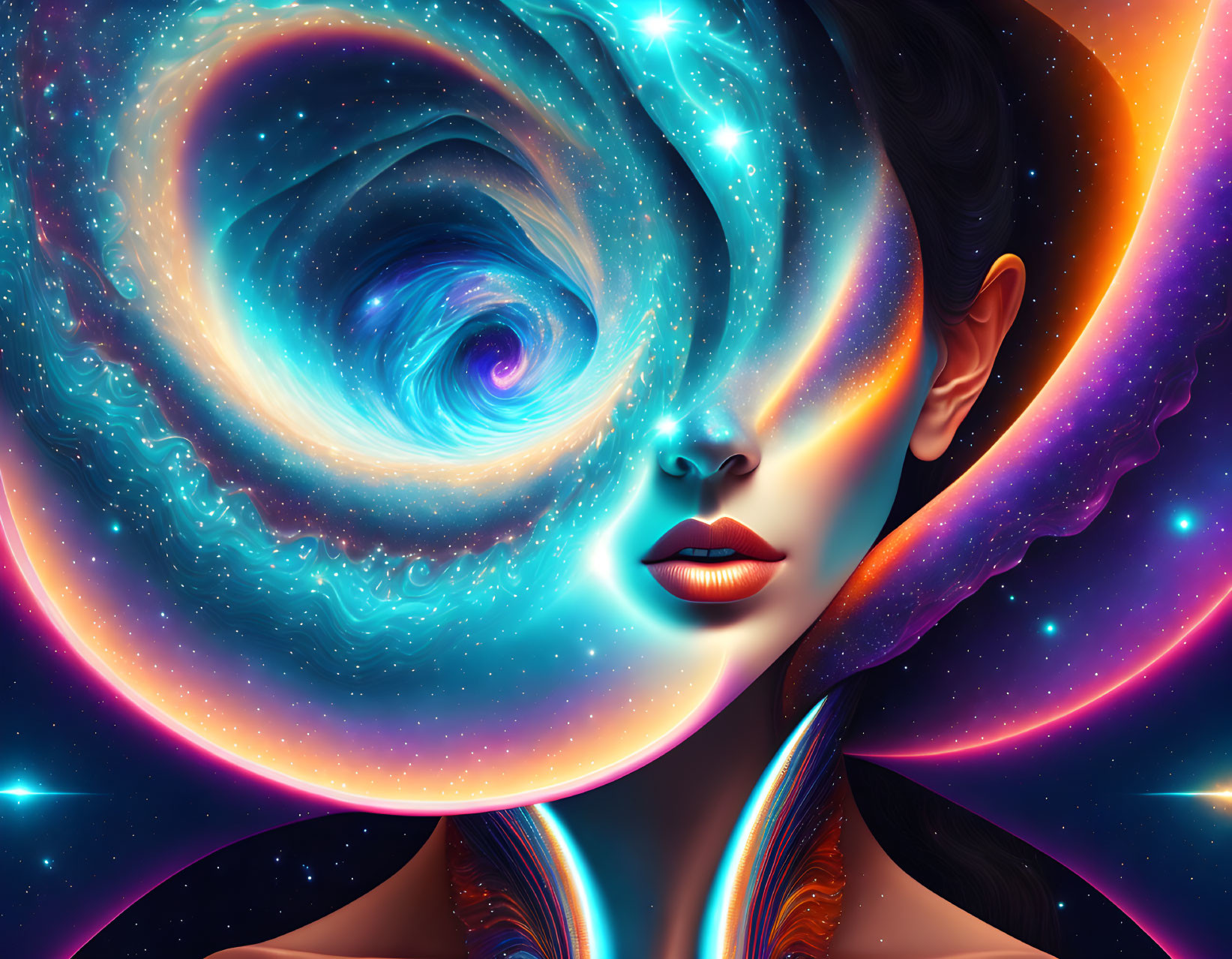 Digital art: Woman merging with cosmic galaxy on starry backdrop