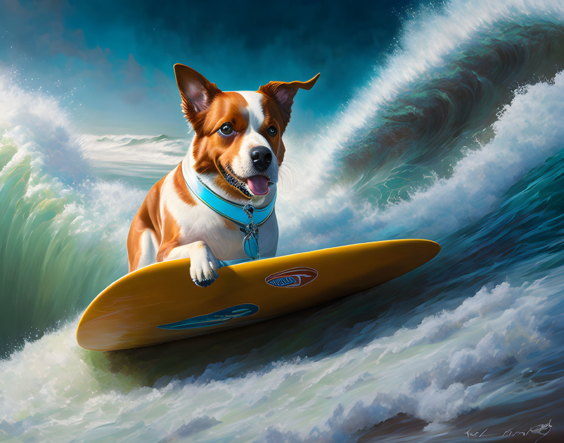 Brown and White Dog Surfing on a Wave with Blue Collar