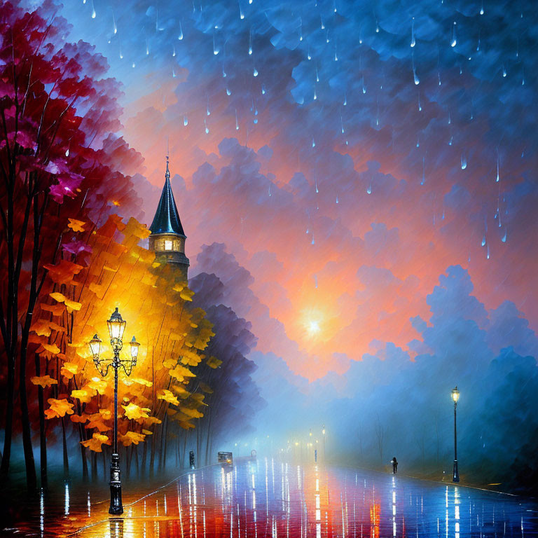 Colorful autumn trees, glowing street lamp, castle tower, and wet pavement in a rainy evening painting