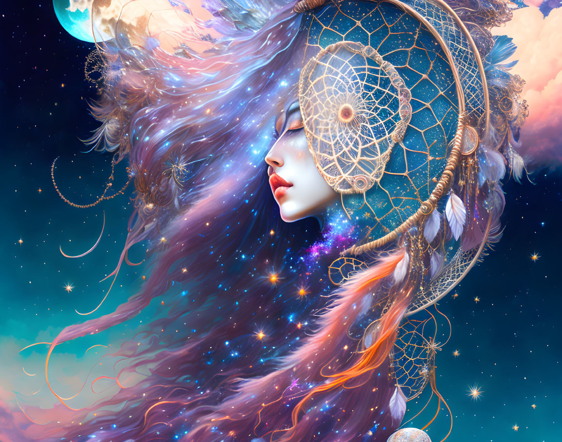 Digital artwork: Woman with flowing hair, stars, dreamcatcher, and celestial clouds.