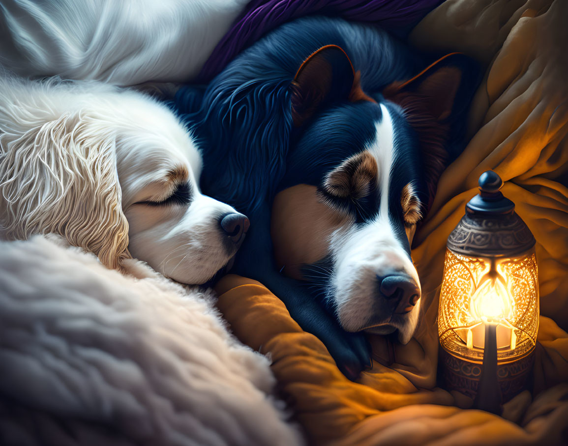 Two sleeping dogs next to lantern: white fluffy and black/tan coat