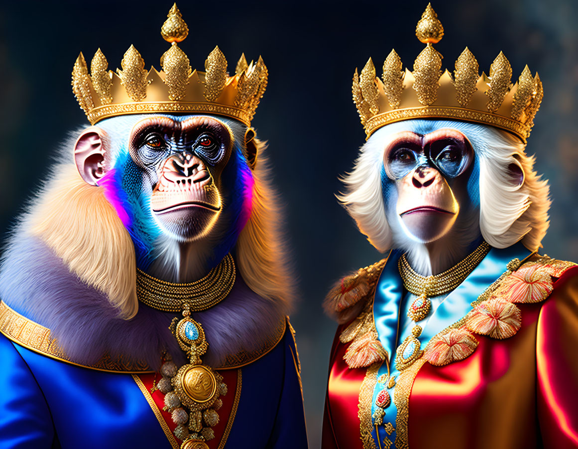 Male and female baboons in royal attire with crowns and regal clothing.