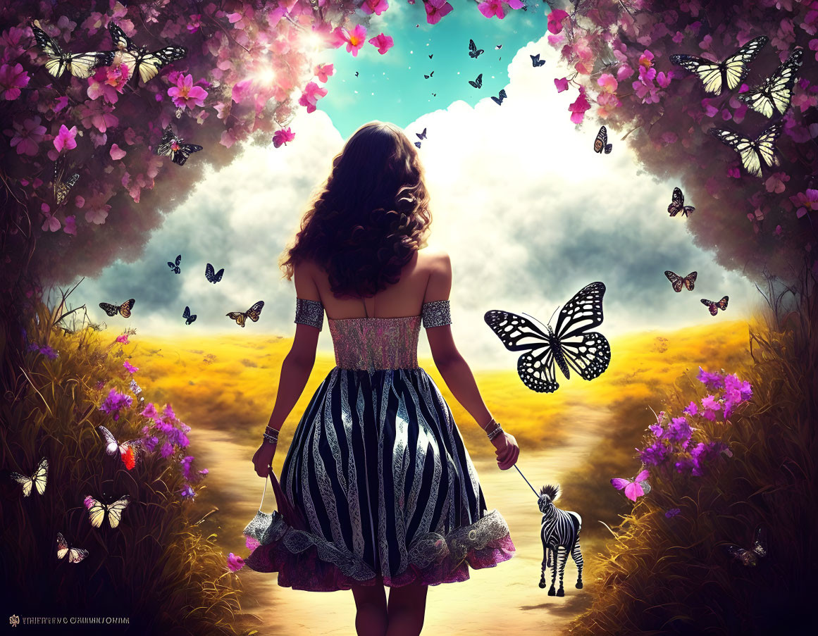 Woman in dress surrounded by butterflies and zebra in surreal meadow