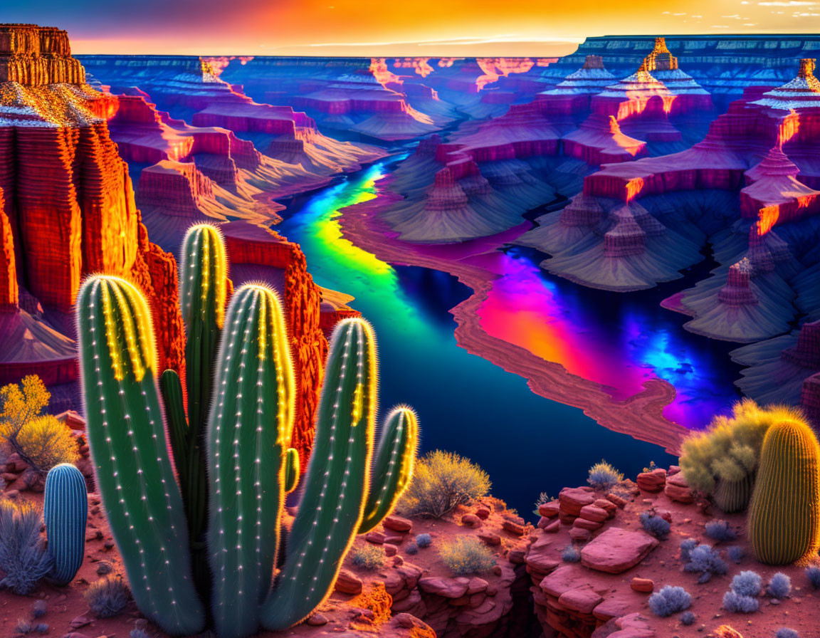 Neon-colored canyon landscape with river at sunset