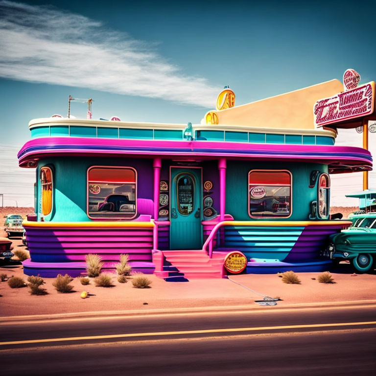 Colorful Retro Diner with Neon Lights and Classic Car in Blue Sky