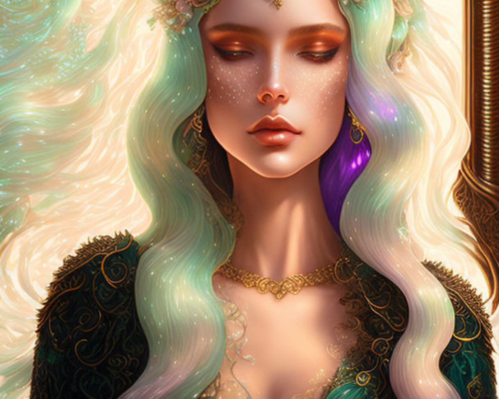 Fantasy illustration: Woman with multicolored hair and mystical glow