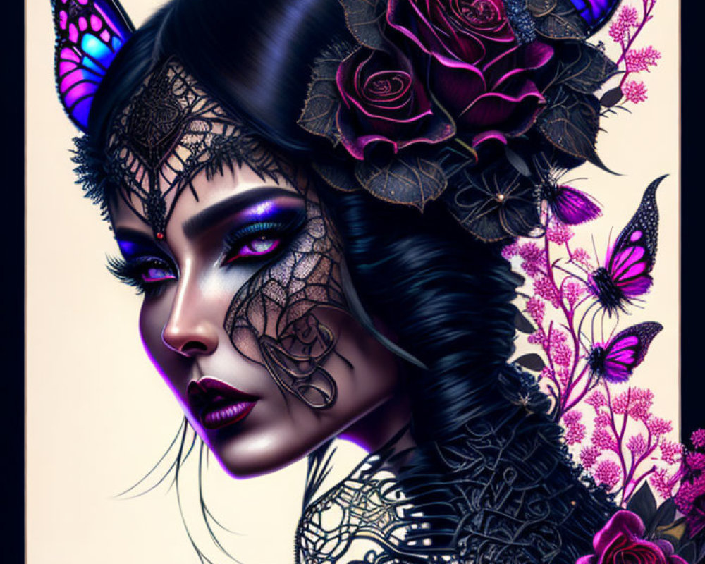 Dark-haired woman with purple hues, butterflies, lace, and roses in elegant art