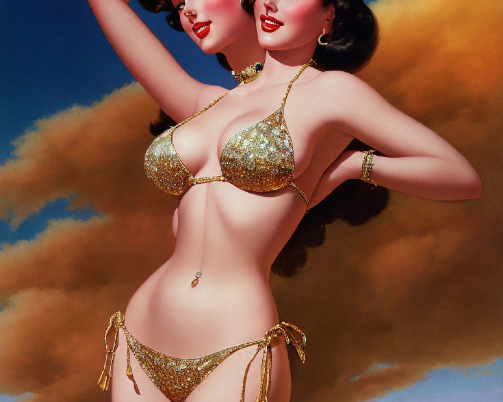 Vintage-style illustration: Woman in gold bikini against blue sky