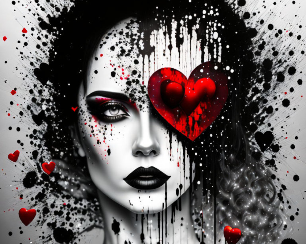 Monochrome portrait of a woman with splattered paint effects and red hearts