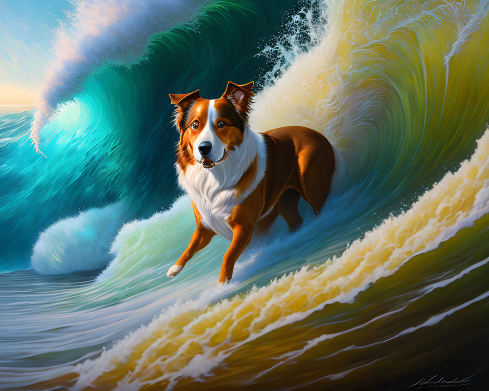 Brown and white dog surfing a large wave with dynamic water textures