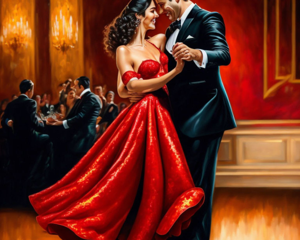 Intimate ballroom dance with elegant couple in red gown and tuxedo