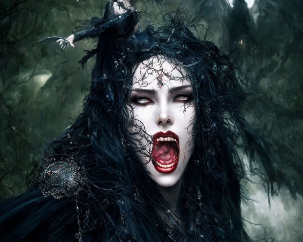 Gothic fantasy art: fierce woman in black attire with red eyes and fangs, looming figure