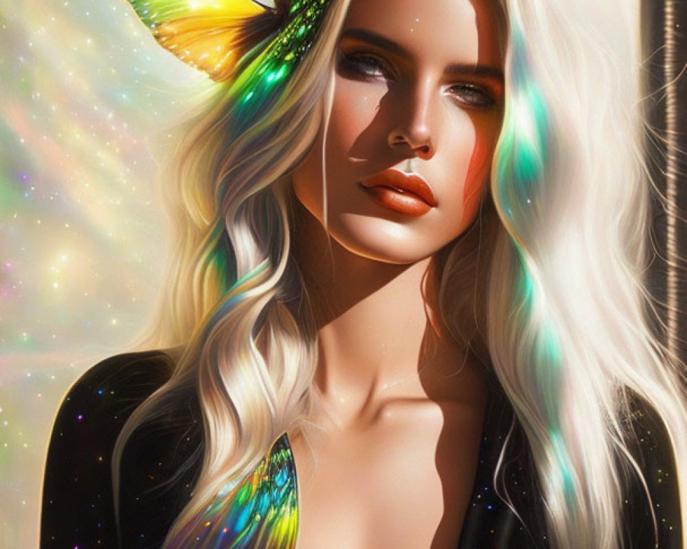 Digital Illustration of Woman with Luminescent Butterfly Wings and Sparkling Background