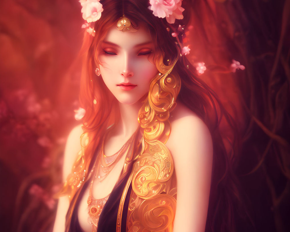 Ethereal digital artwork of woman with golden hair and pink flowers in warm ambiance